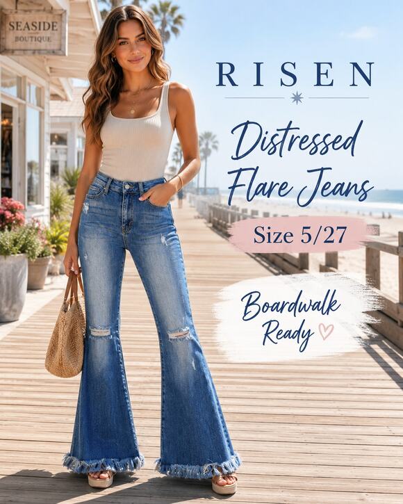 Risen Denim - Risen Jeans 5/27 Distressed Flare Raw Hem Medium Wash Denim